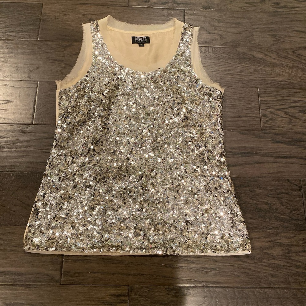 Adrianna Papell Silver Sequin Sleeveless Tank with Cream Lining